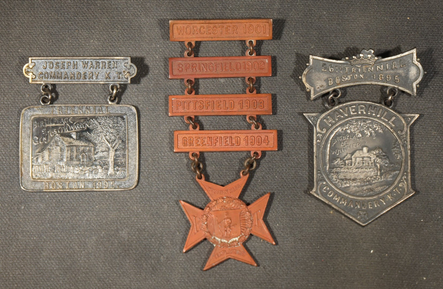 Trio of Antique Knights Templar Medals from Massachusetts including Western Mass. Templar with Worcester, Springfield, Pittsfield, and Greenfield Bars, Haverhill Commandery K.T. 26th Triennial Boston 1895, and Joseph Warren Commandery K.T.