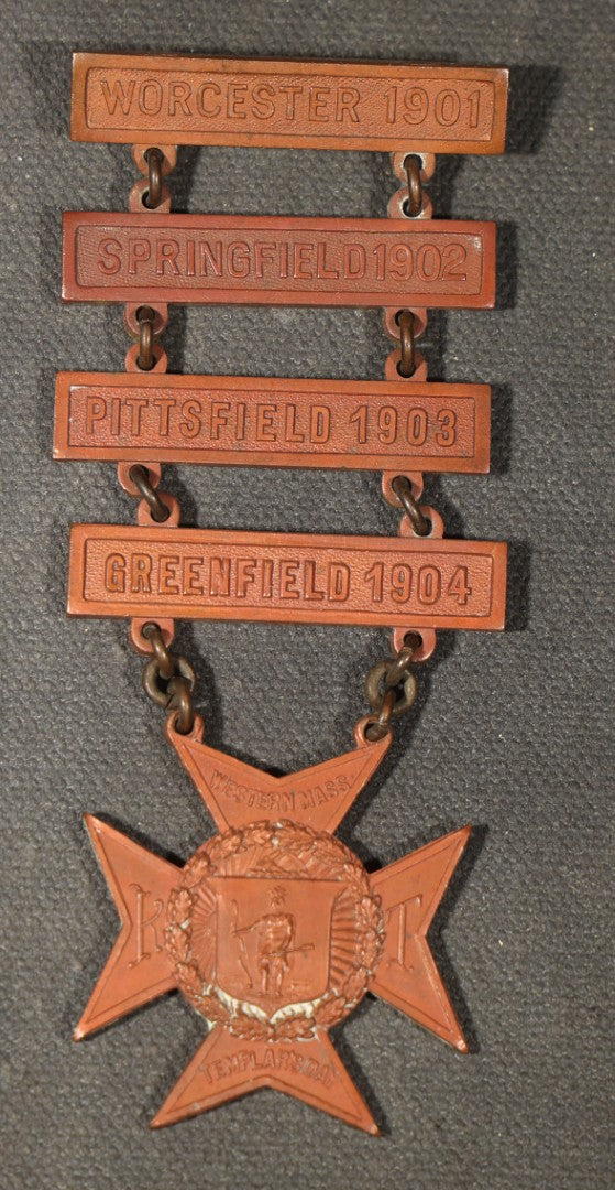 Trio of Antique Knights Templar Medals from Massachusetts including Western Mass. Templar with Worcester, Springfield, Pittsfield, and Greenfield Bars, Haverhill Commandery K.T. 26th Triennial Boston 1895, and Joseph Warren Commandery K.T.