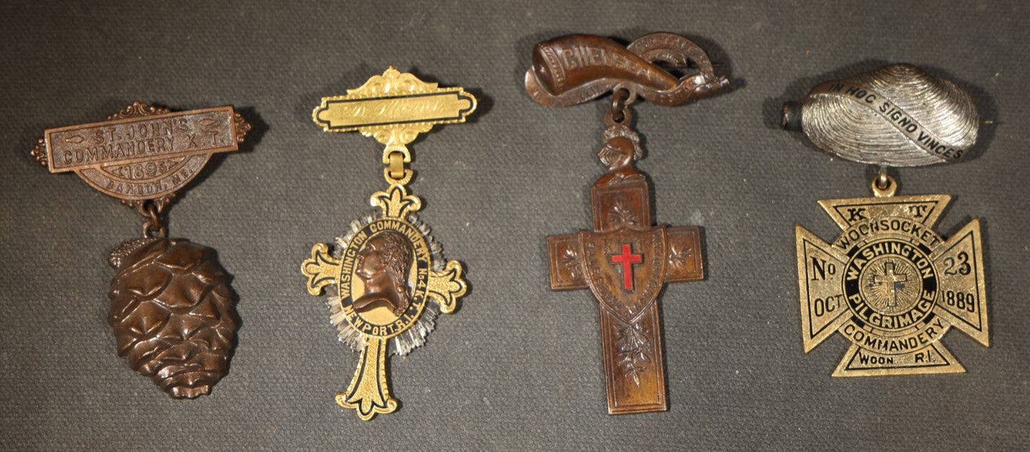 Grouping of Four Antique Knights Templar Medals Including Woonsocket Washington Pilgrimage Commandery No. 23, Chelsea Palestine Commandery 25th Triennial Boston, St. John's Commandery K.T. Bangor, and Washington Commandery No. 4 K.T. Newport, RI