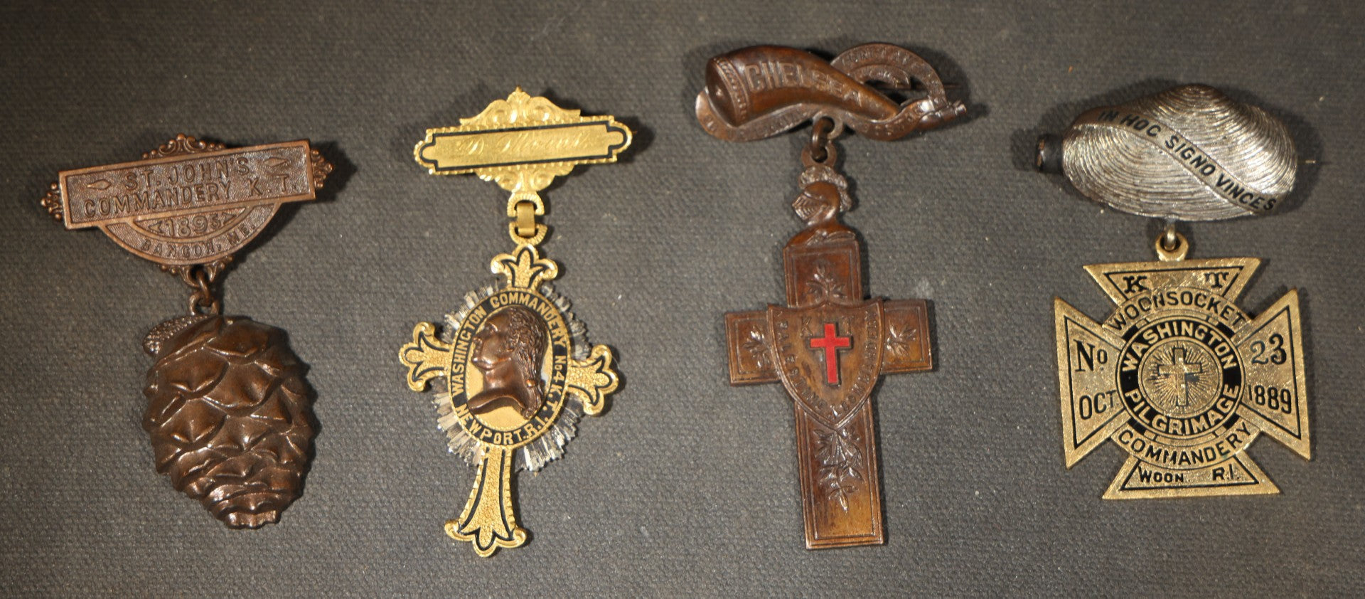 Grouping of Four Antique Knights Templar Medals Including Woonsocket Washington Pilgrimage Commandery No. 23, Chelsea Palestine Commandery 25th Triennial Boston, St. John's Commandery K.T. Bangor, and Washington Commandery No. 4 K.T. Newport, RI