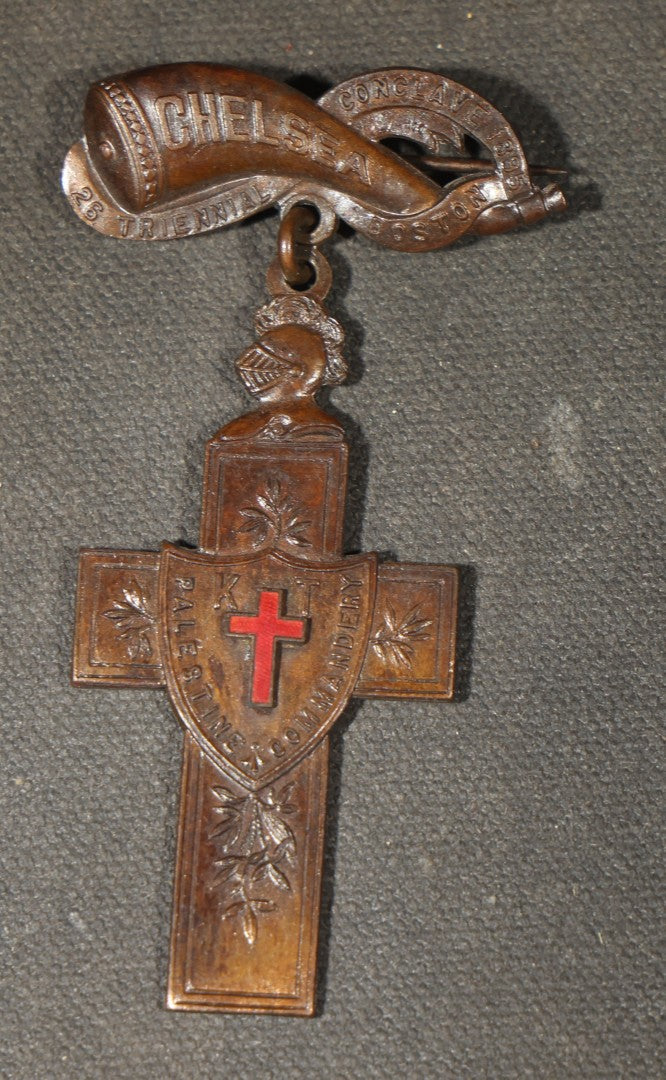 Grouping of Four Antique Knights Templar Medals Including Woonsocket Washington Pilgrimage Commandery No. 23, Chelsea Palestine Commandery 25th Triennial Boston, St. John's Commandery K.T. Bangor, and Washington Commandery No. 4 K.T. Newport, RI