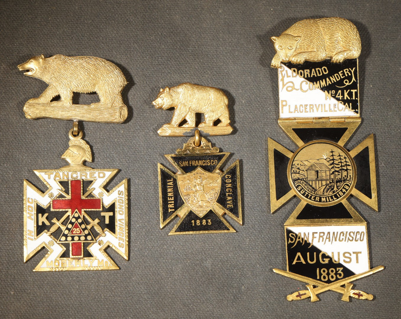 Trio of Antique Knights Templar Medals with Bear Motifs including El Dorado Commandery No. 4 K.T. Placerville, California, 1883 San Francisco Triennial Conclave, and Tancred Commandery No. 25 Moberly, Missouri