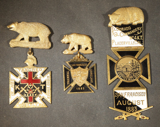 Trio of Antique Knights Templar Medals with Bear Motifs including El Dorado Commandery No. 4 K.T. Placerville, California, 1883 San Francisco Triennial Conclave, and Tancred Commandery No. 25 Moberly, Missouri