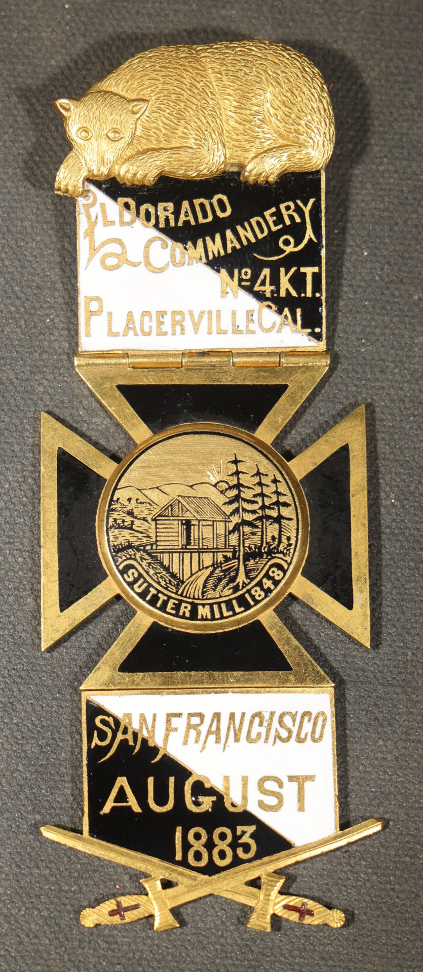 Trio of Antique Knights Templar Medals with Bear Motifs including El Dorado Commandery No. 4 K.T. Placerville, California, 1883 San Francisco Triennial Conclave, and Tancred Commandery No. 25 Moberly, Missouri