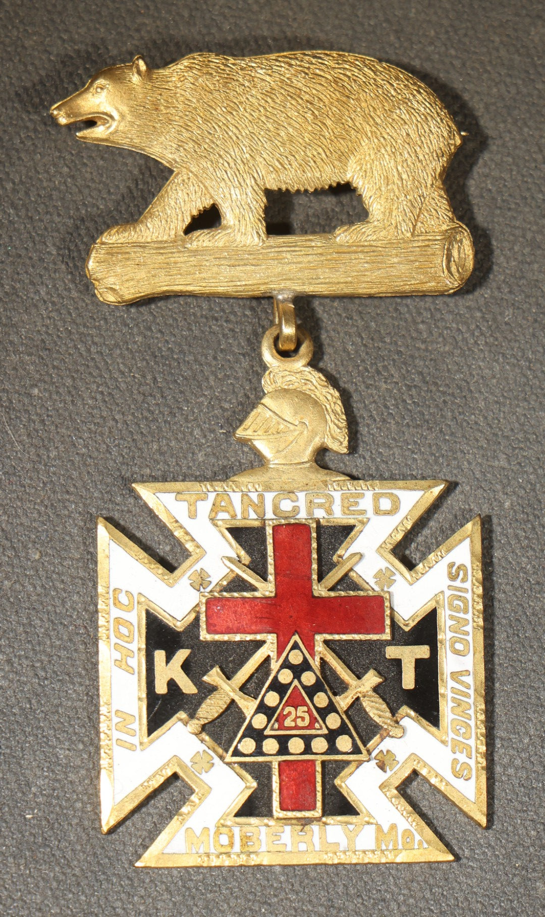 Trio of Antique Knights Templar Medals with Bear Motifs including El Dorado Commandery No. 4 K.T. Placerville, California, 1883 San Francisco Triennial Conclave, and Tancred Commandery No. 25 Moberly, Missouri