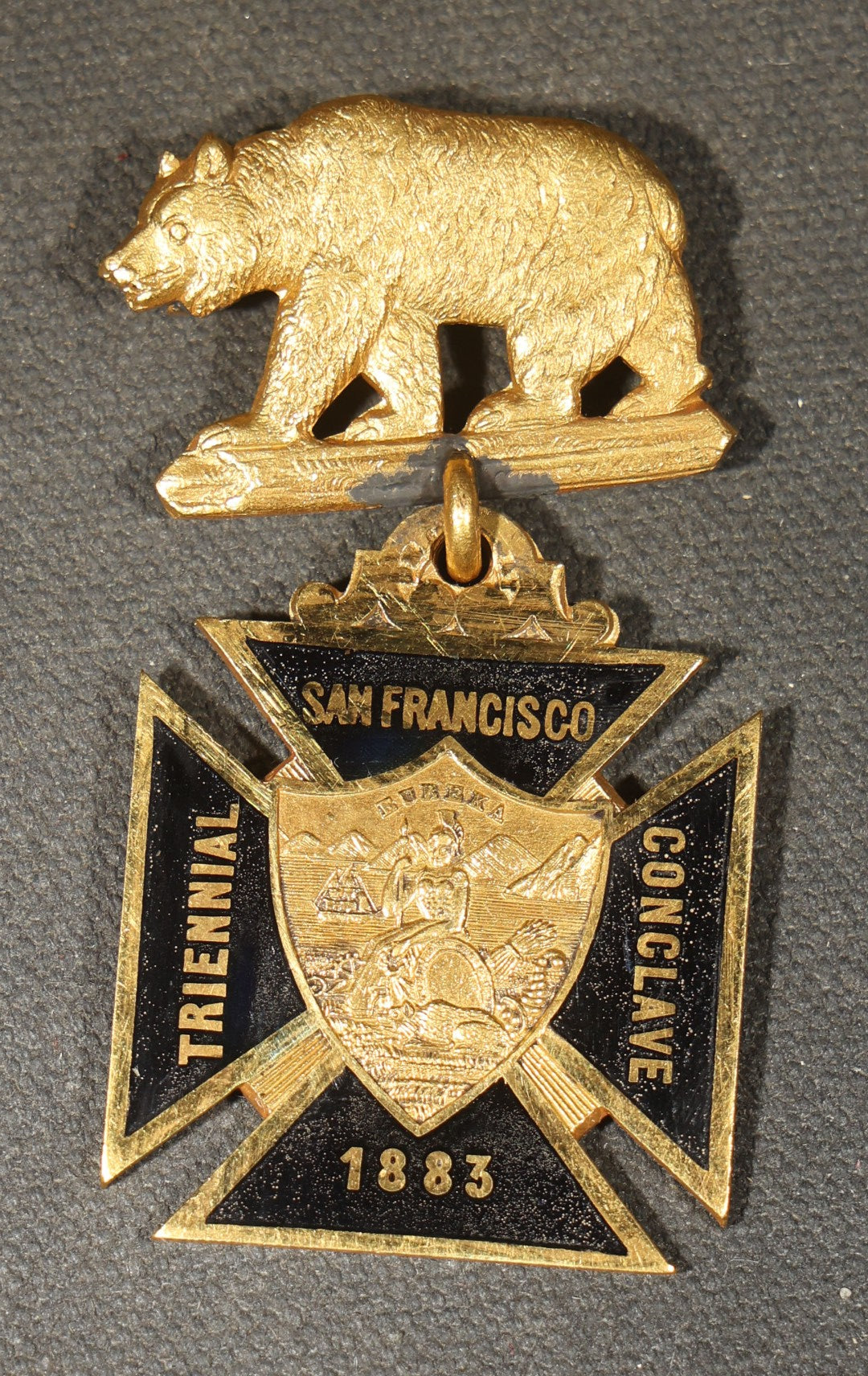 Trio of Antique Knights Templar Medals with Bear Motifs including El Dorado Commandery No. 4 K.T. Placerville, California, 1883 San Francisco Triennial Conclave, and Tancred Commandery No. 25 Moberly, Missouri