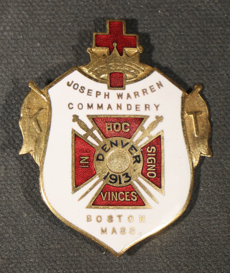 Grouping of Five Antique Knights Templar Medals and Badges including Joseph Warren Commandery Denver 1913, Grand Commandery of Maine 1895, Coeur de Lion Commandery Charlestown 1895, and 28th Triennial Conclave Louisville 1901