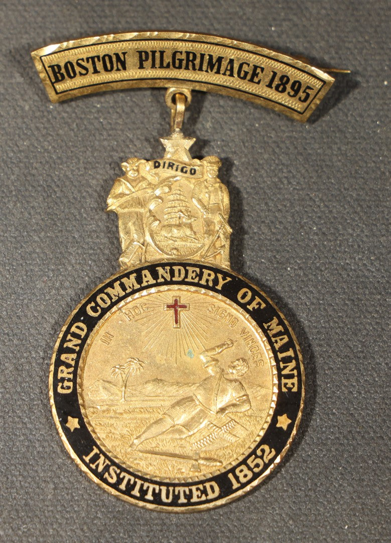 Grouping of Five Antique Knights Templar Medals and Badges including Joseph Warren Commandery Denver 1913, Grand Commandery of Maine 1895, Coeur de Lion Commandery Charlestown 1895, and 28th Triennial Conclave Louisville 1901