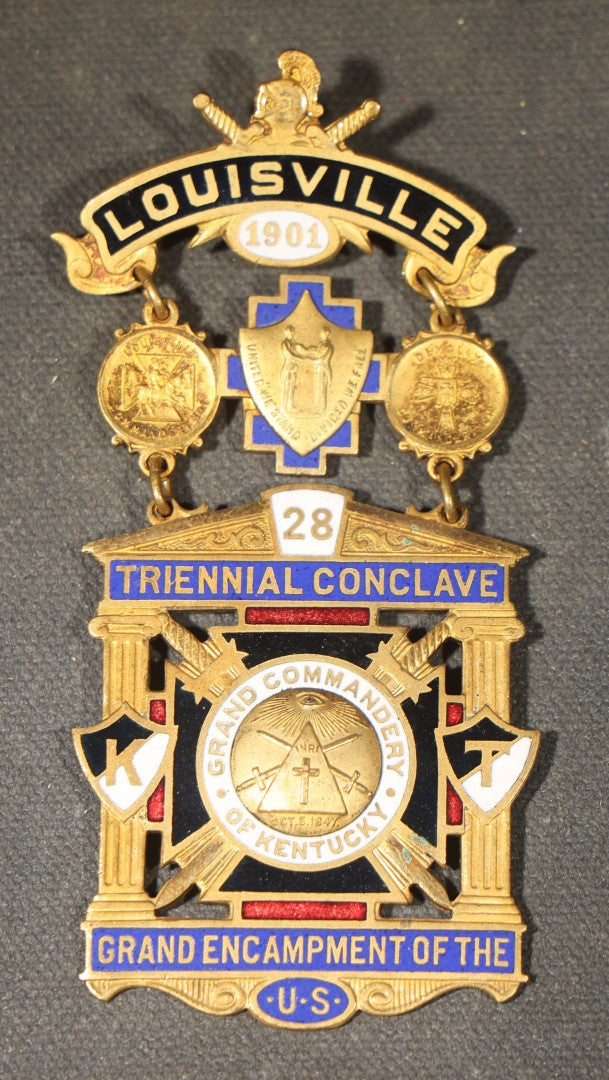 Grouping of Five Antique Knights Templar Medals and Badges including Joseph Warren Commandery Denver 1913, Grand Commandery of Maine 1895, Coeur de Lion Commandery Charlestown 1895, and 28th Triennial Conclave Louisville 1901