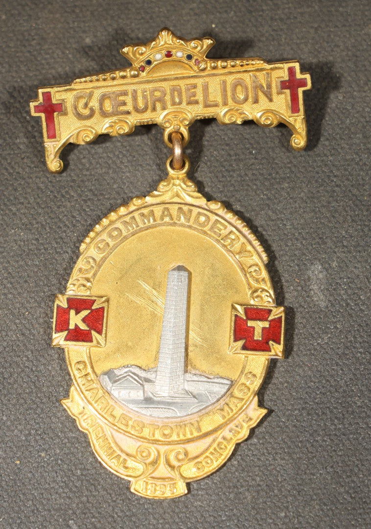 Grouping of Five Antique Knights Templar Medals and Badges including Joseph Warren Commandery Denver 1913, Grand Commandery of Maine 1895, Coeur de Lion Commandery Charlestown 1895, and 28th Triennial Conclave Louisville 1901
