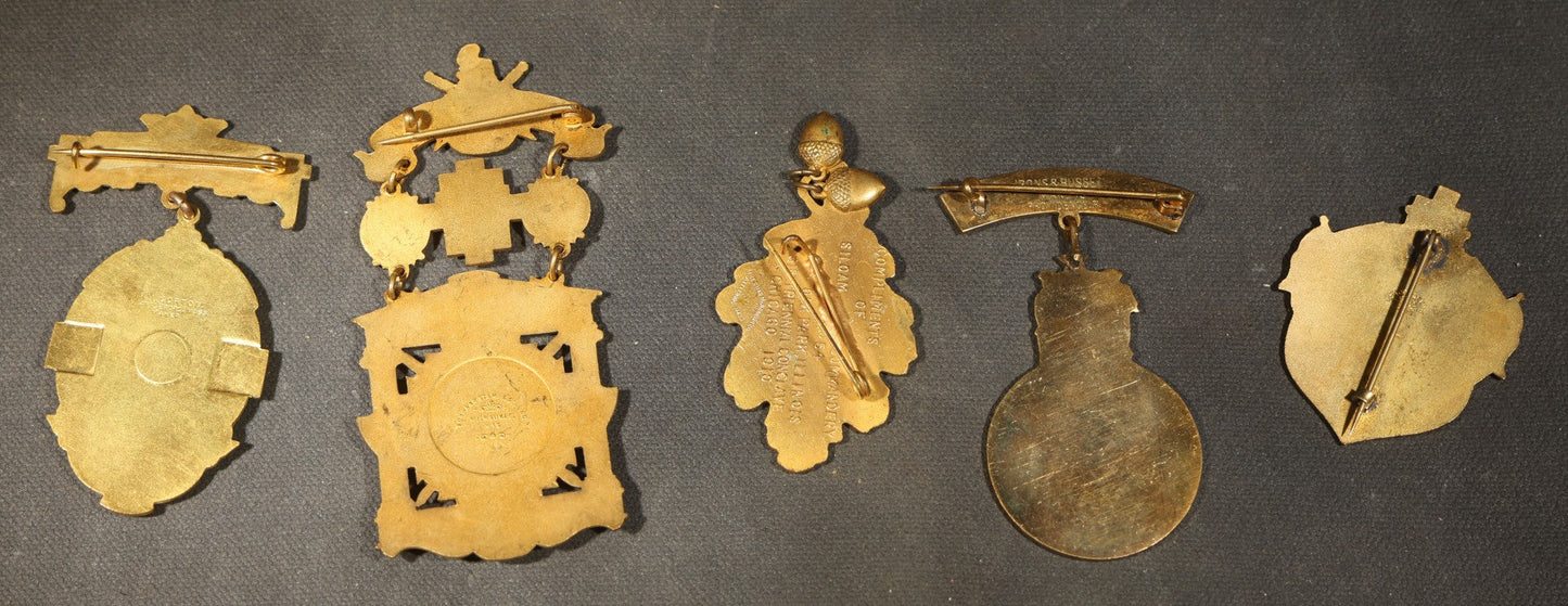 Grouping of Five Antique Knights Templar Medals and Badges including Joseph Warren Commandery Denver 1913, Grand Commandery of Maine 1895, Coeur de Lion Commandery Charlestown 1895, and 28th Triennial Conclave Louisville 1901