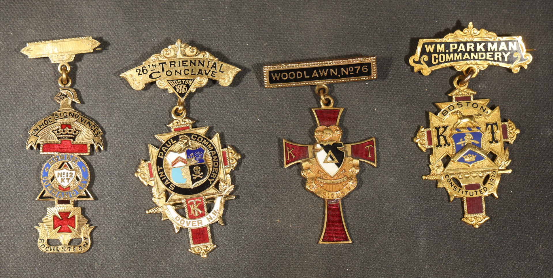 Grouping of Four Antique Knights Templar Medals Including Wm. Parkman Commandery Boston, Saint Paul Commandery Dover, New Hampshire 26th Triennial Conclave 1895, Monroe Commandery No. 12 Rochester, New Hampshire, and Woodlawn No. 76