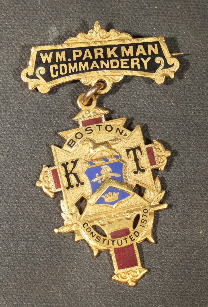 Grouping of Four Antique Knights Templar Medals Including Wm. Parkman Commandery Boston, Saint Paul Commandery Dover, New Hampshire 26th Triennial Conclave 1895, Monroe Commandery No. 12 Rochester, New Hampshire, and Woodlawn No. 76