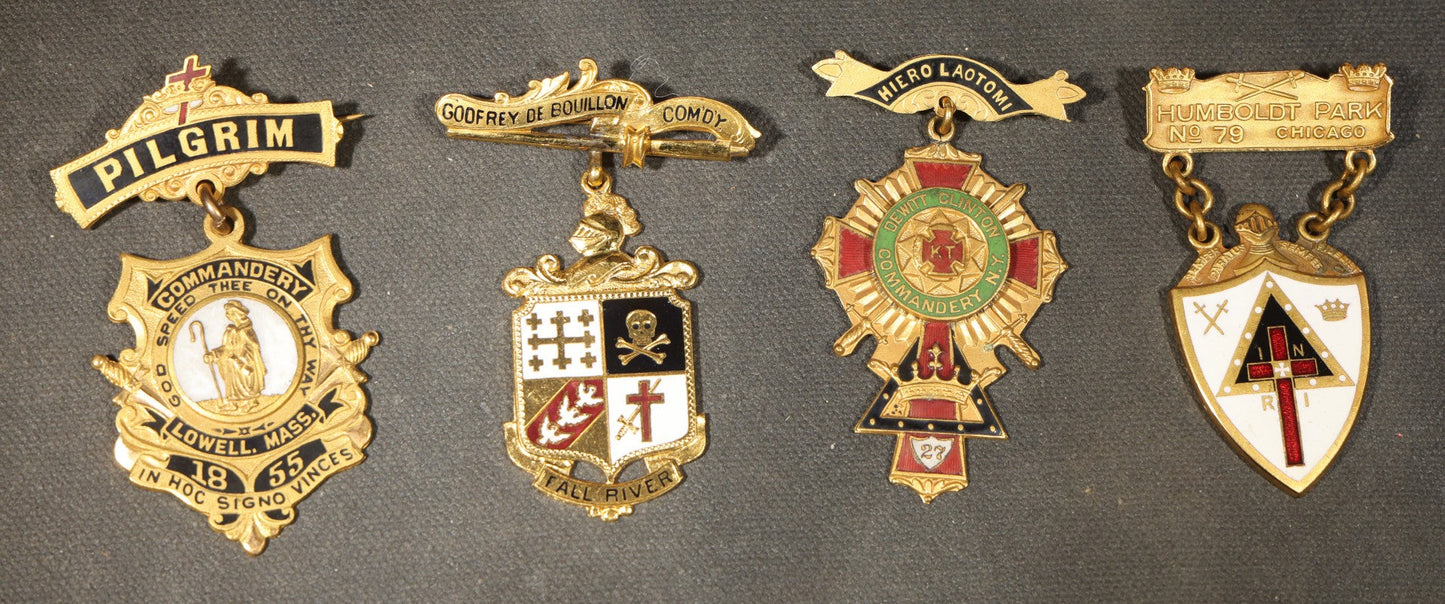 Grouping of Four Antique Knights Templar Commandery Enameled Medals Including Pilgrim Commandery of Lowell, Godfrey De Bouillon Commandery of Fall River, Dewitt Clinton Commandery No. 27 of New York, and Humboldt Park No. 79 of Chicago, Illinois