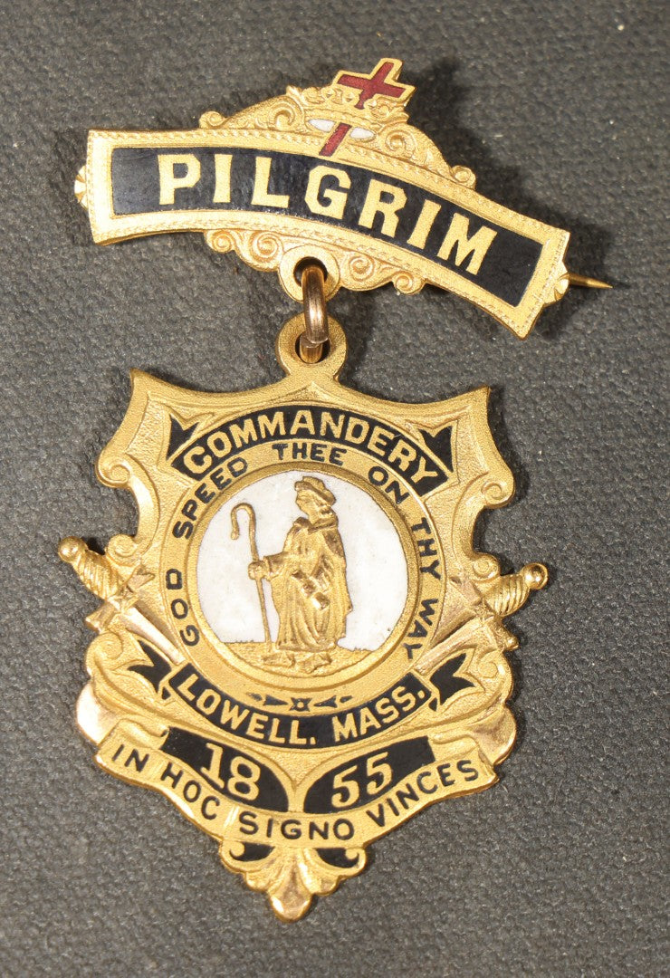 Grouping of Four Antique Knights Templar Commandery Enameled Medals Including Pilgrim Commandery of Lowell, Godfrey De Bouillon Commandery of Fall River, Dewitt Clinton Commandery No. 27 of New York, and Humboldt Park No. 79 of Chicago, Illinois