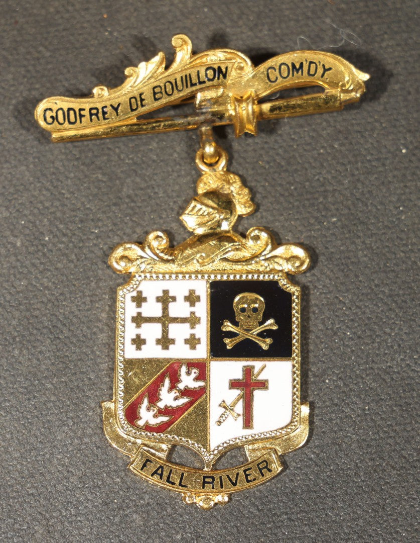 Grouping of Four Antique Knights Templar Commandery Enameled Medals Including Pilgrim Commandery of Lowell, Godfrey De Bouillon Commandery of Fall River, Dewitt Clinton Commandery No. 27 of New York, and Humboldt Park No. 79 of Chicago, Illinois