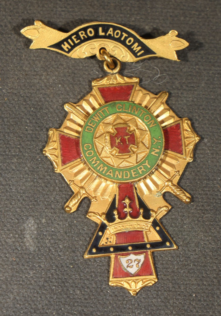 Grouping of Four Antique Knights Templar Commandery Enameled Medals Including Pilgrim Commandery of Lowell, Godfrey De Bouillon Commandery of Fall River, Dewitt Clinton Commandery No. 27 of New York, and Humboldt Park No. 79 of Chicago, Illinois
