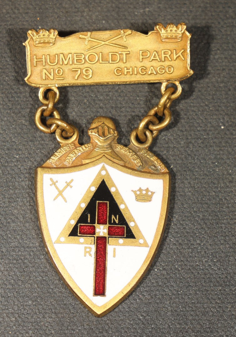 Grouping of Four Antique Knights Templar Commandery Enameled Medals Including Pilgrim Commandery of Lowell, Godfrey De Bouillon Commandery of Fall River, Dewitt Clinton Commandery No. 27 of New York, and Humboldt Park No. 79 of Chicago, Illinois
