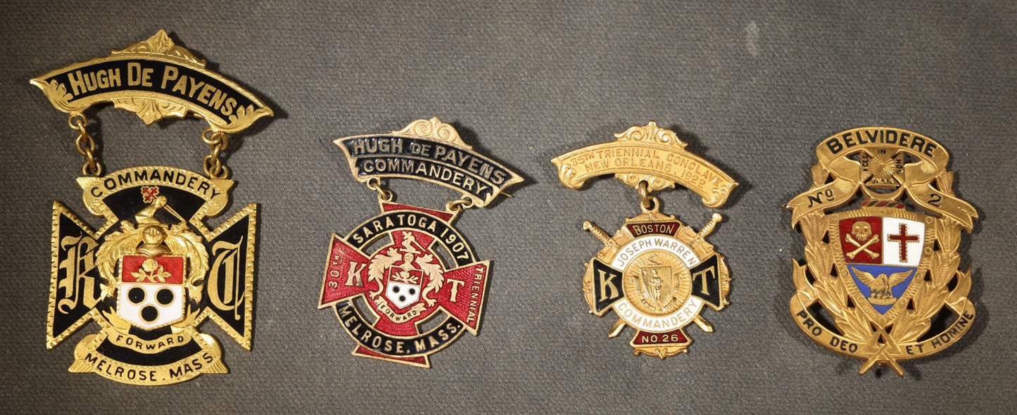 Grouping of Four Antique Knights Templar Enameled Badges and Medals Including Belvidere No. 2, Joseph Warren Commandery No. 26 Boston 35th Triennial Conclave 1922, and Hugh De Payens Commandery Melrose, Massachusetts