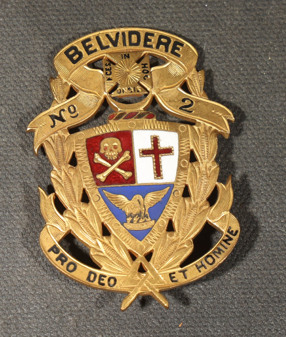 Grouping of Four Antique Knights Templar Enameled Badges and Medals Including Belvidere No. 2, Joseph Warren Commandery No. 26 Boston 35th Triennial Conclave 1922, and Hugh De Payens Commandery Melrose, Massachusetts