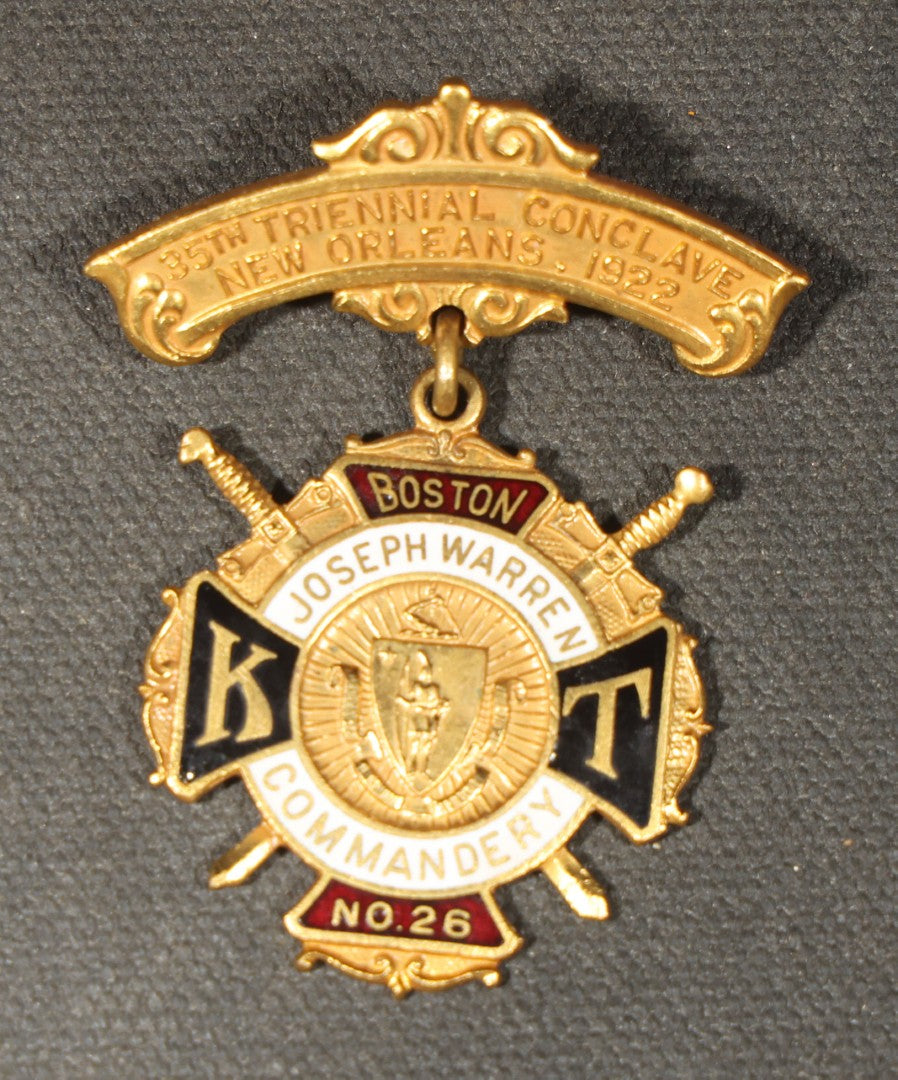 Grouping of Four Antique Knights Templar Enameled Badges and Medals Including Belvidere No. 2, Joseph Warren Commandery No. 26 Boston 35th Triennial Conclave 1922, and Hugh De Payens Commandery Melrose, Massachusetts