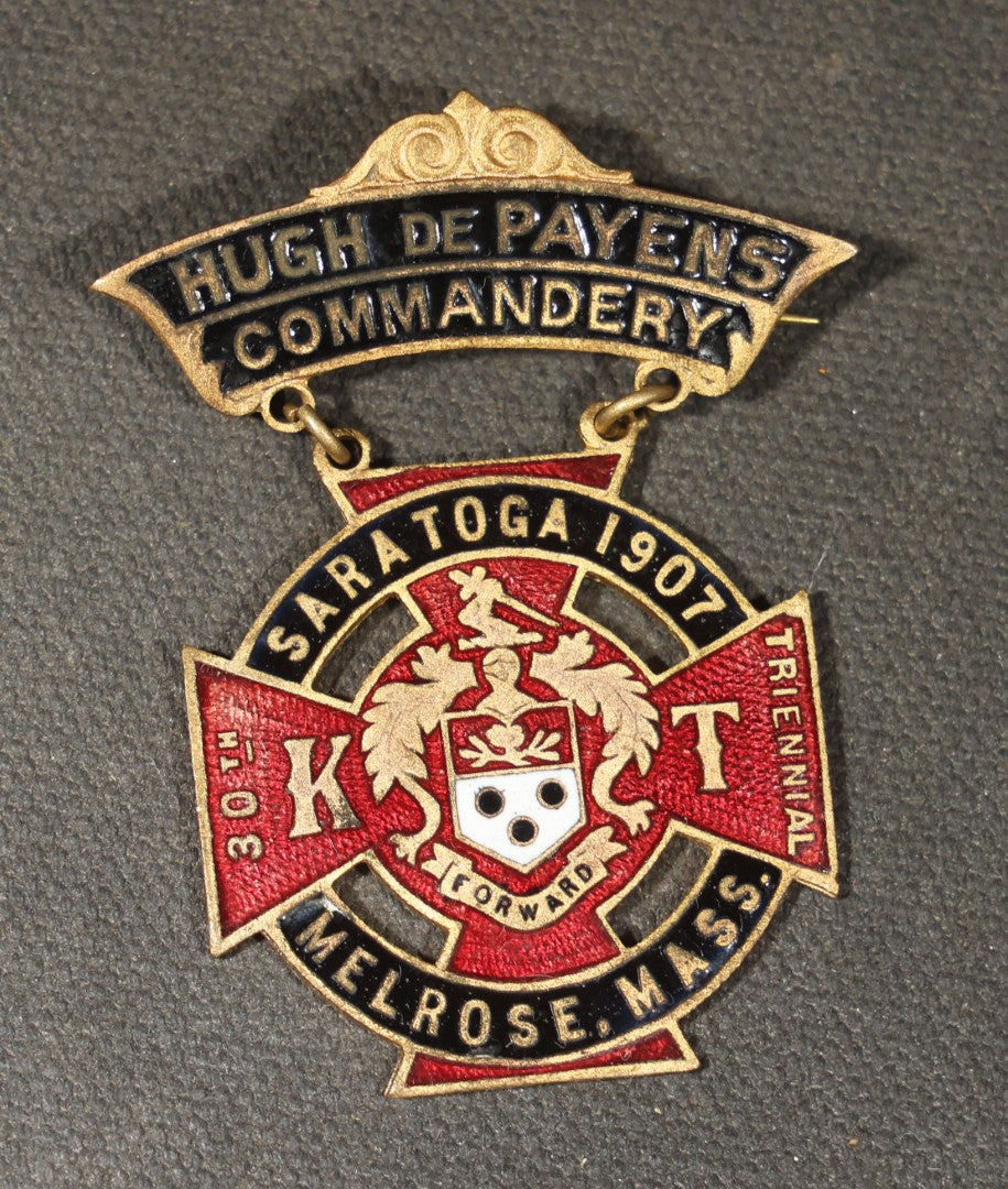 Grouping of Four Antique Knights Templar Enameled Badges and Medals Including Belvidere No. 2, Joseph Warren Commandery No. 26 Boston 35th Triennial Conclave 1922, and Hugh De Payens Commandery Melrose, Massachusetts