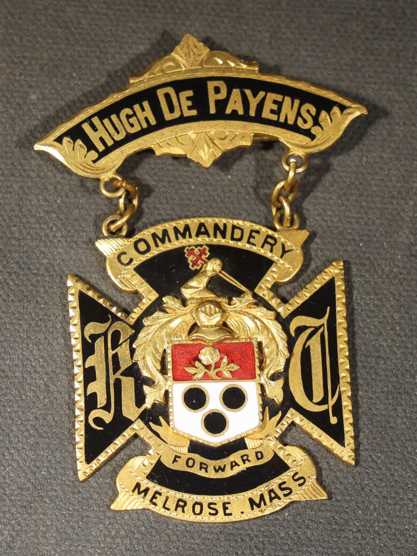 Grouping of Four Antique Knights Templar Enameled Badges and Medals Including Belvidere No. 2, Joseph Warren Commandery No. 26 Boston 35th Triennial Conclave 1922, and Hugh De Payens Commandery Melrose, Massachusetts