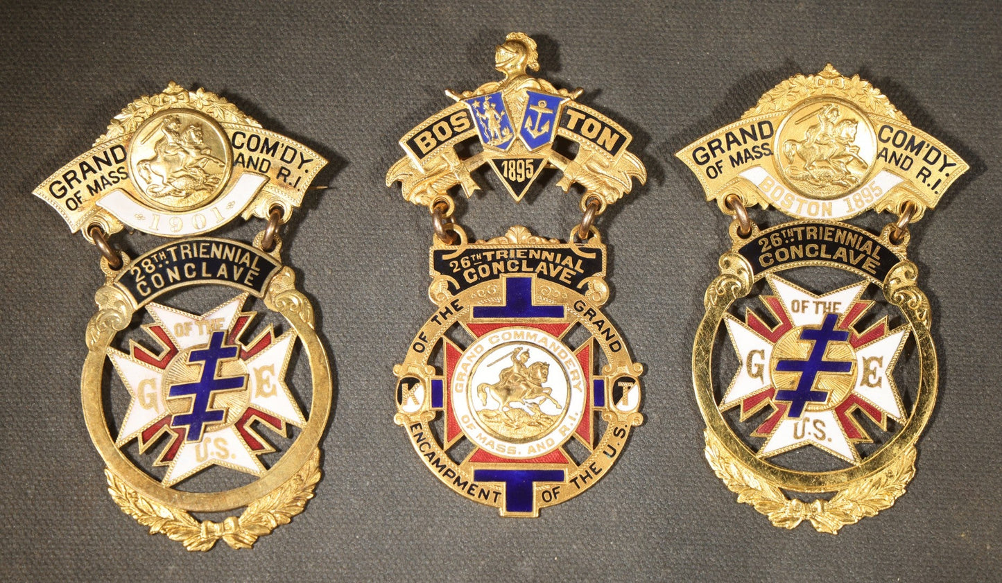 Trio of Antique Knights Templar Grand Commandery of Massachusetts and Rhode Island Triennial Conclave Enameled Medals Including 26th Conclave Boston 1895 and 28th Conclave 1901