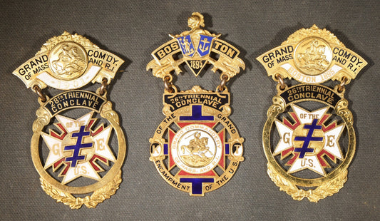Trio of Antique Knights Templar Grand Commandery of Massachusetts and Rhode Island Triennial Conclave Enameled Medals Including 26th Conclave Boston 1895 and 28th Conclave 1901