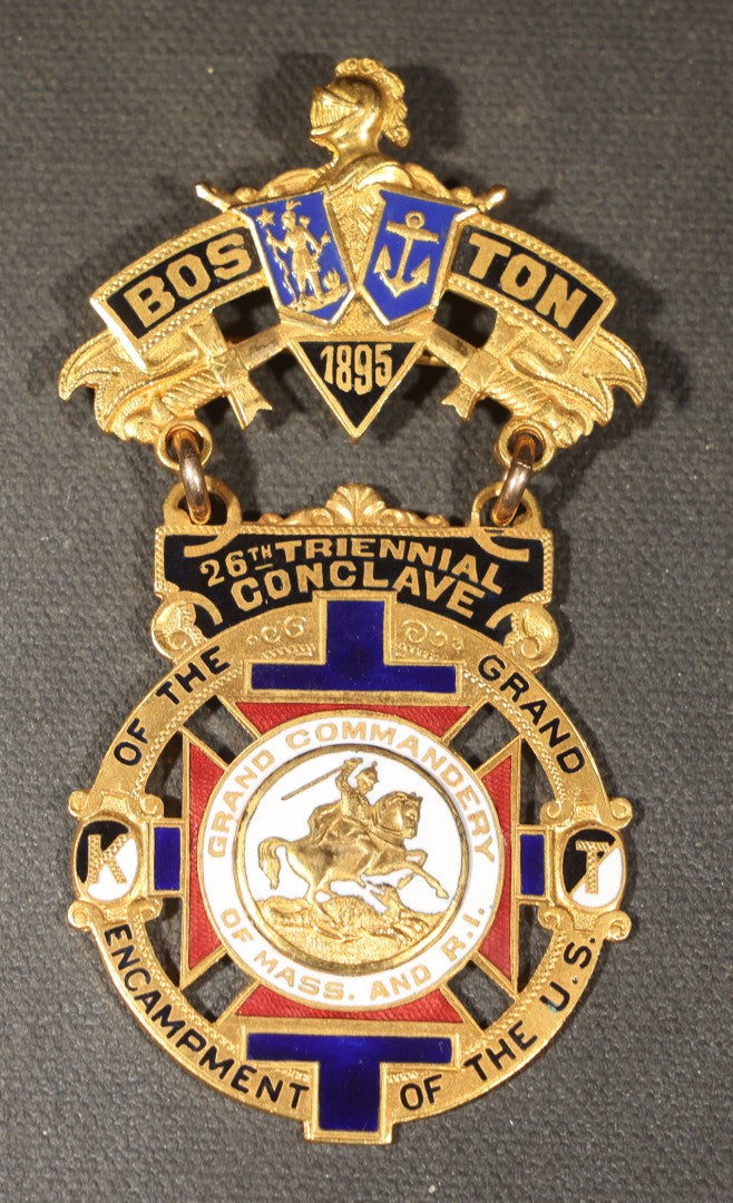 Trio of Antique Knights Templar Grand Commandery of Massachusetts and Rhode Island Triennial Conclave Enameled Medals Including 26th Conclave Boston 1895 and 28th Conclave 1901