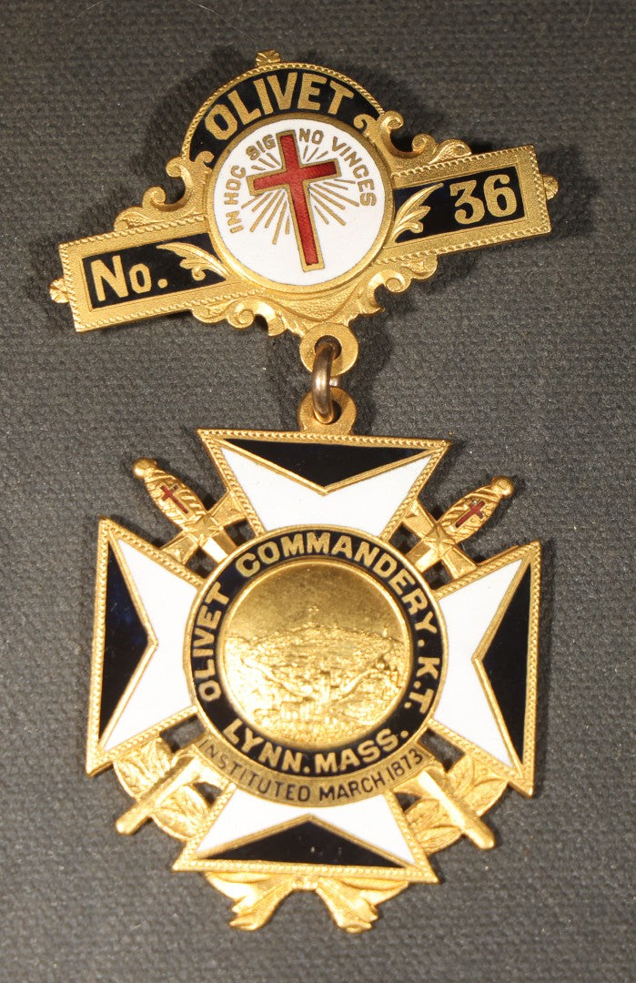 Grouping of Four Antique Knights Templar Medals and Badges Including Wheeling No. 1 Commandery K.T., West Virginia, Olivet No. 36 Commandery K.T., Lynn, Massachusetts, and Sovereign Great Priory of Canada, St. John, New Brunswick, 1901