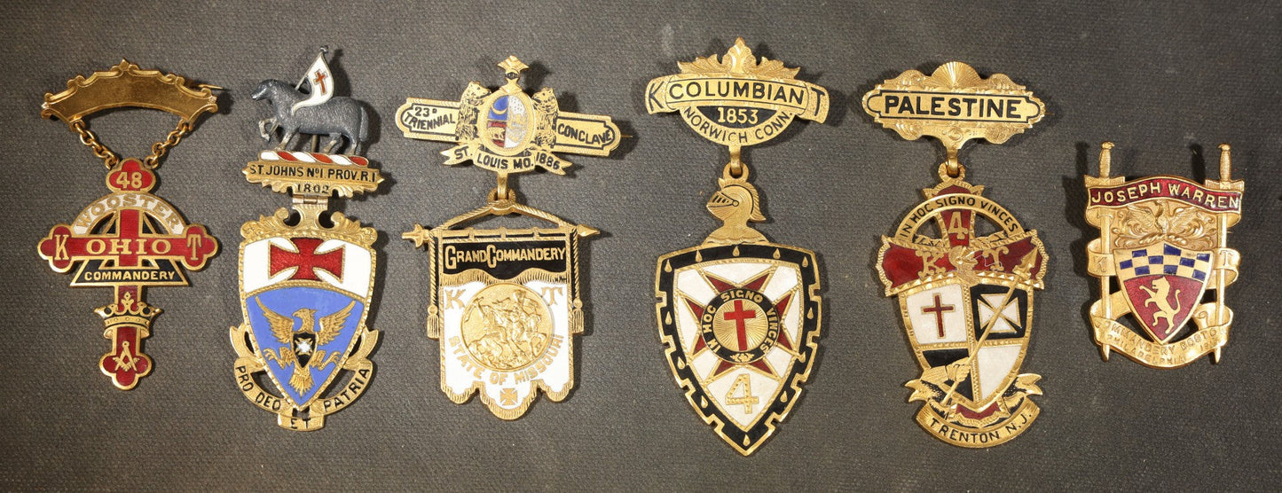 Grouping of Five Antique Knights Templar Enameled Badges Including Joseph Warren Commandery Boston 1919, Palestine Commandery Trenton, Columbian Commandery Norwich 1853, 23rd Triennial Conclave St. Louis 1886, and St. Johns No. 1 Providence, RI