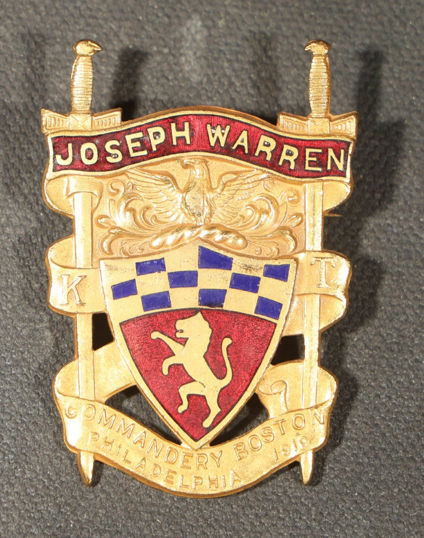 Grouping of Five Antique Knights Templar Enameled Badges Including Joseph Warren Commandery Boston 1919, Palestine Commandery Trenton, Columbian Commandery Norwich 1853, 23rd Triennial Conclave St. Louis 1886, and St. Johns No. 1 Providence, RI