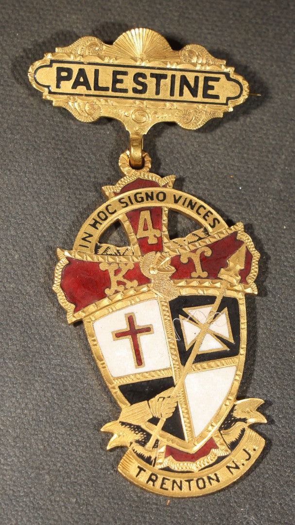Grouping of Five Antique Knights Templar Enameled Badges Including Joseph Warren Commandery Boston 1919, Palestine Commandery Trenton, Columbian Commandery Norwich 1853, 23rd Triennial Conclave St. Louis 1886, and St. Johns No. 1 Providence, RI