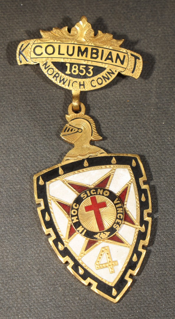 Grouping of Five Antique Knights Templar Enameled Badges Including Joseph Warren Commandery Boston 1919, Palestine Commandery Trenton, Columbian Commandery Norwich 1853, 23rd Triennial Conclave St. Louis 1886, and St. Johns No. 1 Providence, RI