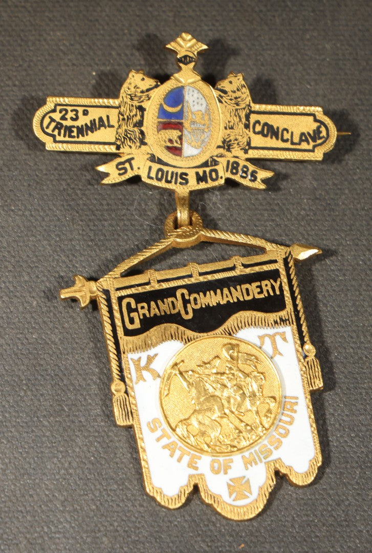 Grouping of Five Antique Knights Templar Enameled Badges Including Joseph Warren Commandery Boston 1919, Palestine Commandery Trenton, Columbian Commandery Norwich 1853, 23rd Triennial Conclave St. Louis 1886, and St. Johns No. 1 Providence, RI