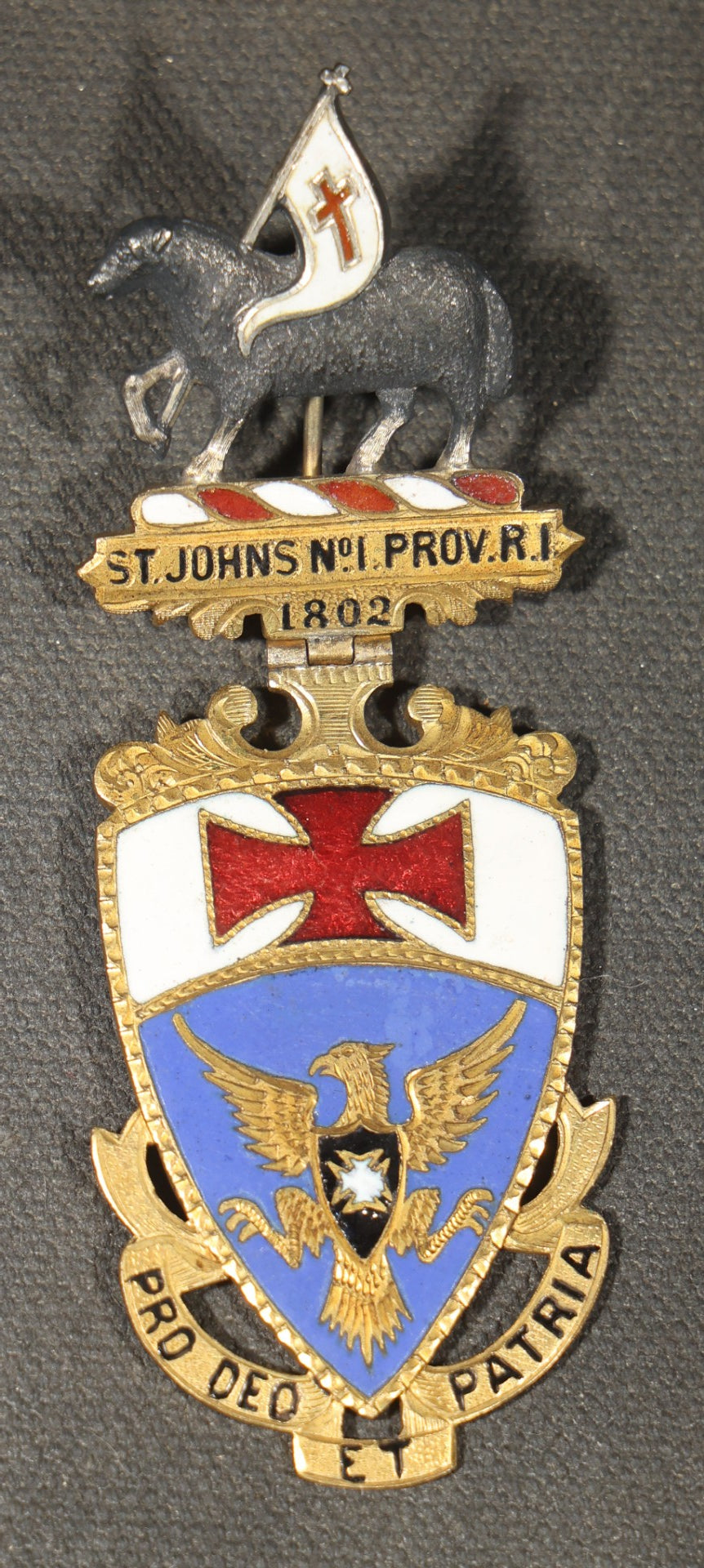 Grouping of Five Antique Knights Templar Enameled Badges Including Joseph Warren Commandery Boston 1919, Palestine Commandery Trenton, Columbian Commandery Norwich 1853, 23rd Triennial Conclave St. Louis 1886, and St. Johns No. 1 Providence, RI