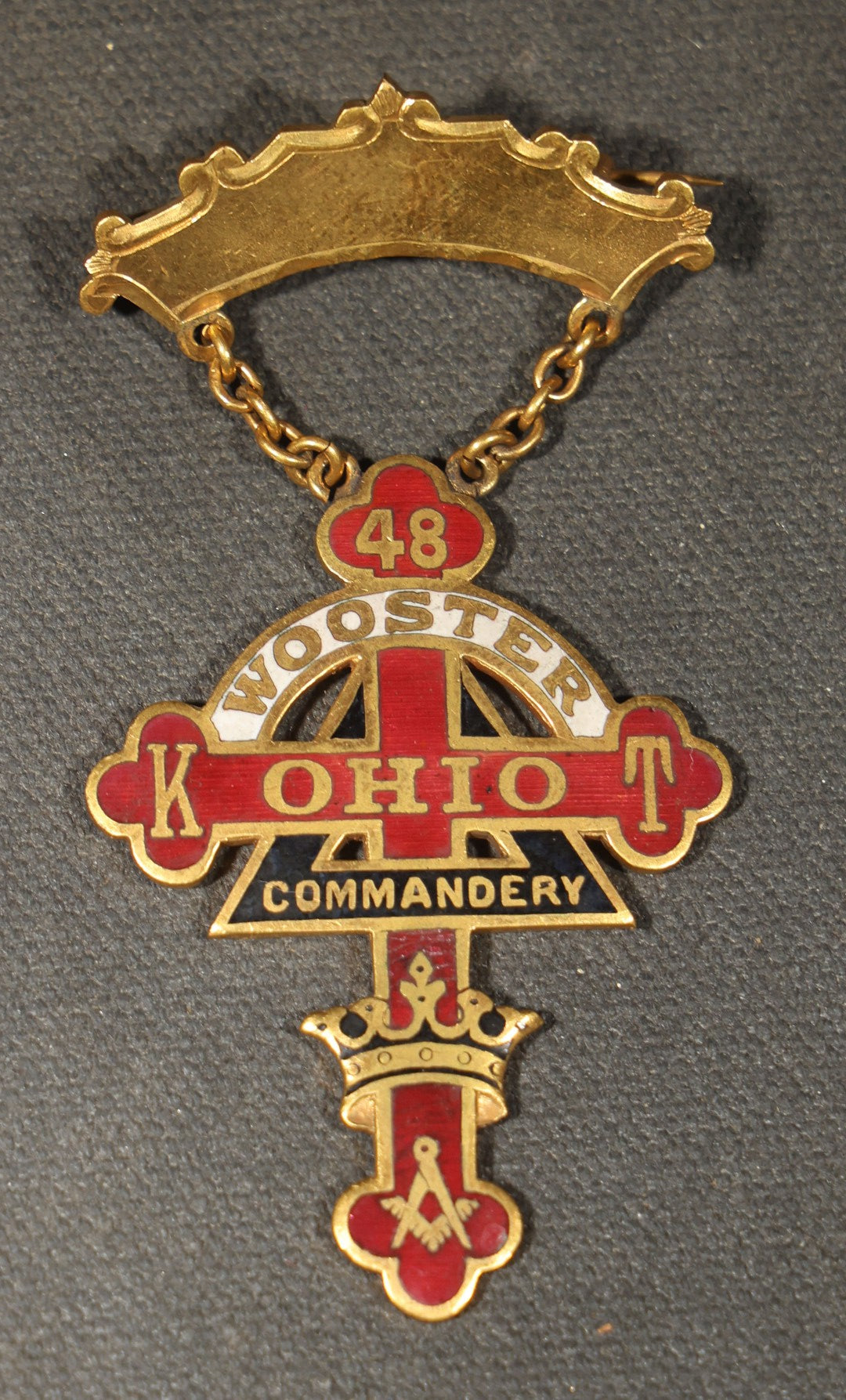Grouping of Five Antique Knights Templar Enameled Badges Including Joseph Warren Commandery Boston 1919, Palestine Commandery Trenton, Columbian Commandery Norwich 1853, 23rd Triennial Conclave St. Louis 1886, and St. Johns No. 1 Providence, RI