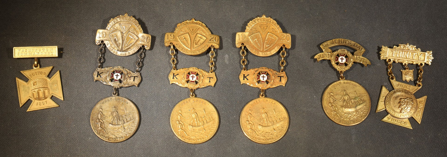 Grouping of Six Antique Knights Templar Medals Including Trinity Commandery Manchester, New Hampshire, St. John's Day 1915 Providence, Rhode Island, Washington Commandery Boston 1897, and Grand Commandery Massachusetts and Rhode Island 1920