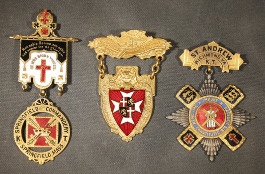 Trio of Antique Knights Templar Enameled Medals Including Springfield Commandery K.T. Springfield, Massachusetts, St. Andrew No. 13 K.T. Richmond, Virginia, and St. Elmo Commandery No. 65 35th Triennial Conclave New Orleans