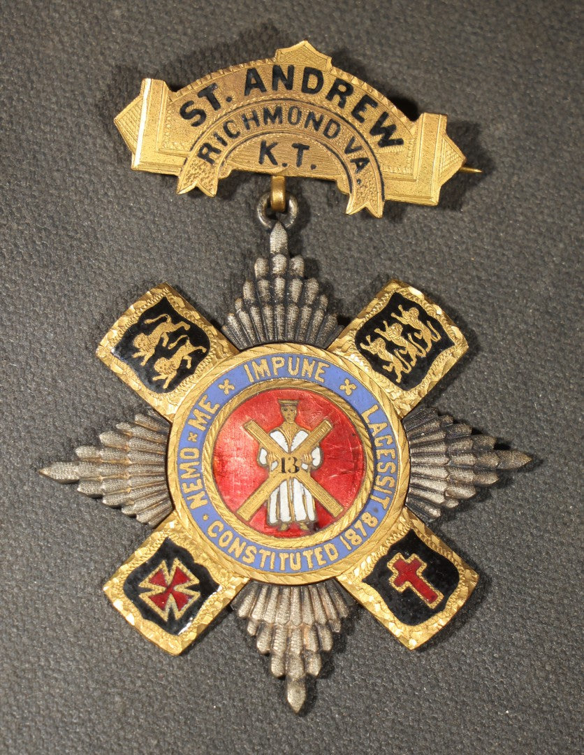 Trio of Antique Knights Templar Enameled Medals Including Springfield Commandery K.T. Springfield, Massachusetts, St. Andrew No. 13 K.T. Richmond, Virginia, and St. Elmo Commandery No. 65 35th Triennial Conclave New Orleans