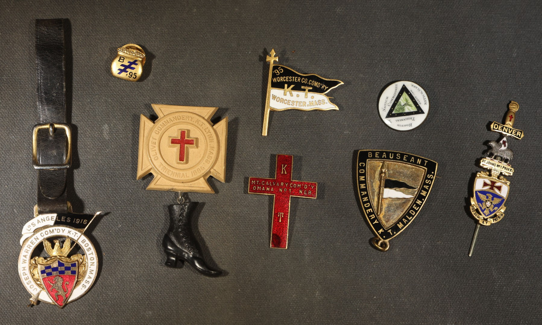Grouping of Eight Antique Knights Templar Pins and Badges Including Joseph Warren Commandery K.T. Boston, Olivet Commandery K.T. Lynn, Worcester County Commandery K.T., Mt. Calvary Commandery Omaha, Nebraska, and St. Johns No. 1 Providence, RI