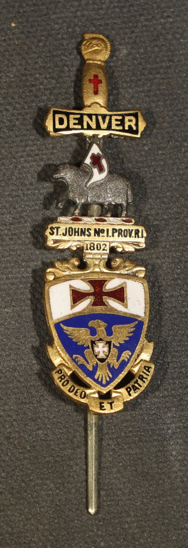 Grouping of Eight Antique Knights Templar Pins and Badges Including Joseph Warren Commandery K.T. Boston, Olivet Commandery K.T. Lynn, Worcester County Commandery K.T., Mt. Calvary Commandery Omaha, Nebraska, and St. Johns No. 1 Providence, RI
