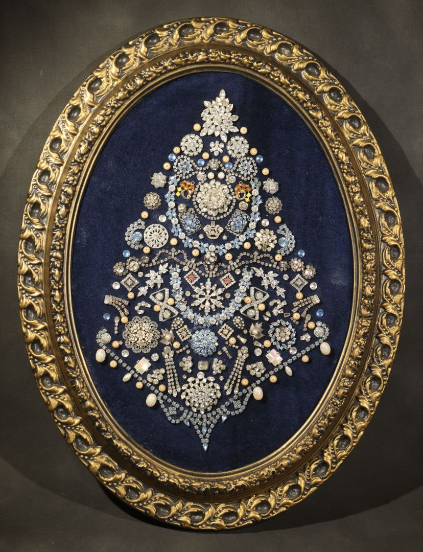 Vintage Framed Costume Jewelry Christmas Tree Art in Oval Faux-Wood Frame, Rhinestone Brooches and Beads on Blue Velvet
