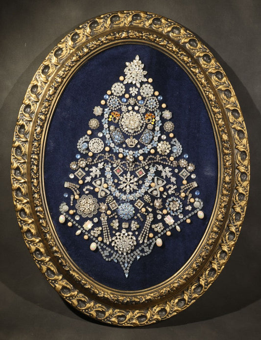 Vintage Framed Costume Jewelry Christmas Tree Art in Oval Faux-Wood Frame, Rhinestone Brooches and Beads on Blue Velvet