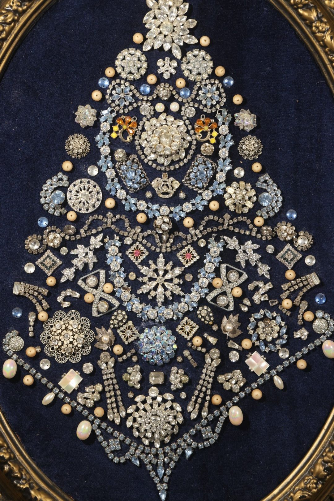 Vintage Framed Costume Jewelry Christmas Tree Art in Oval Faux-Wood Frame, Rhinestone Brooches and Beads on Blue Velvet