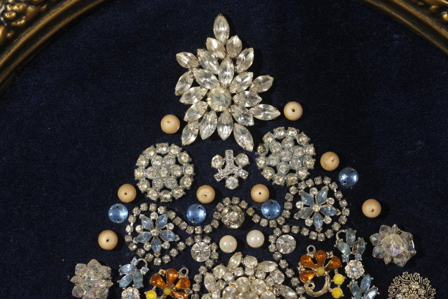 Vintage Framed Costume Jewelry Christmas Tree Art in Oval Faux-Wood Frame, Rhinestone Brooches and Beads on Blue Velvet