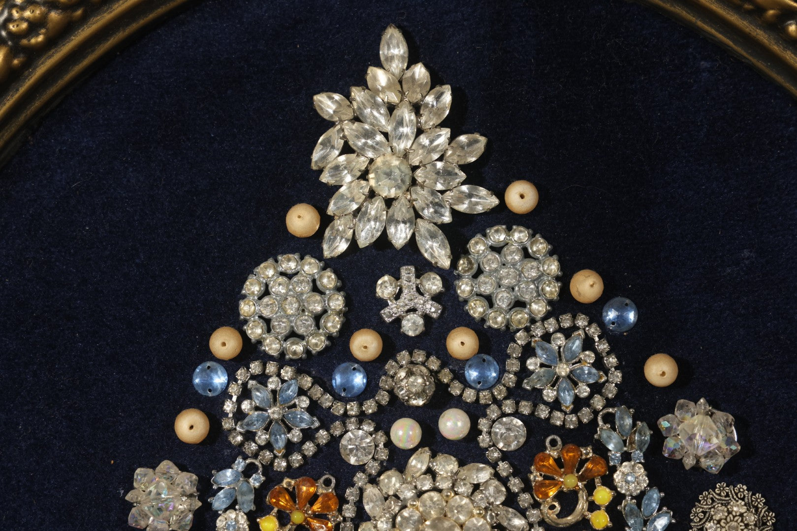 Vintage Framed Costume Jewelry Christmas Tree Art in Oval Faux-Wood Frame, Rhinestone Brooches and Beads on Blue Velvet