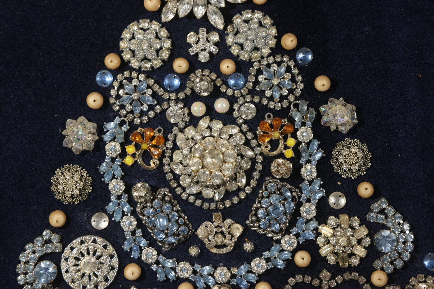 Vintage Framed Costume Jewelry Christmas Tree Art in Oval Faux-Wood Frame, Rhinestone Brooches and Beads on Blue Velvet