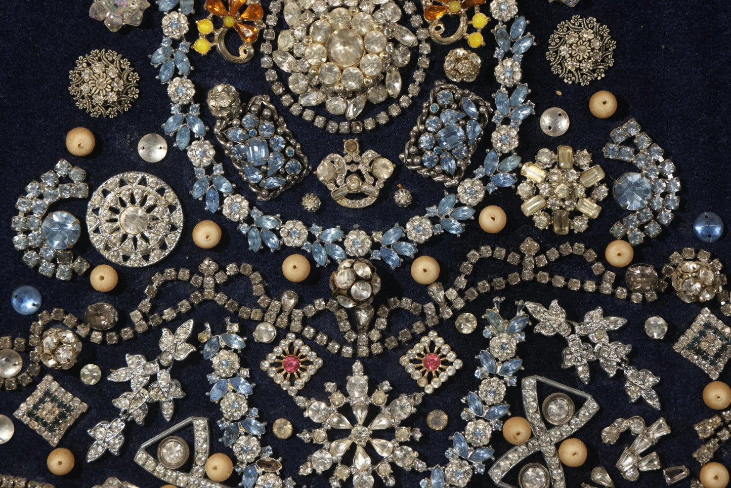 Vintage Framed Costume Jewelry Christmas Tree Art in Oval Faux-Wood Frame, Rhinestone Brooches and Beads on Blue Velvet